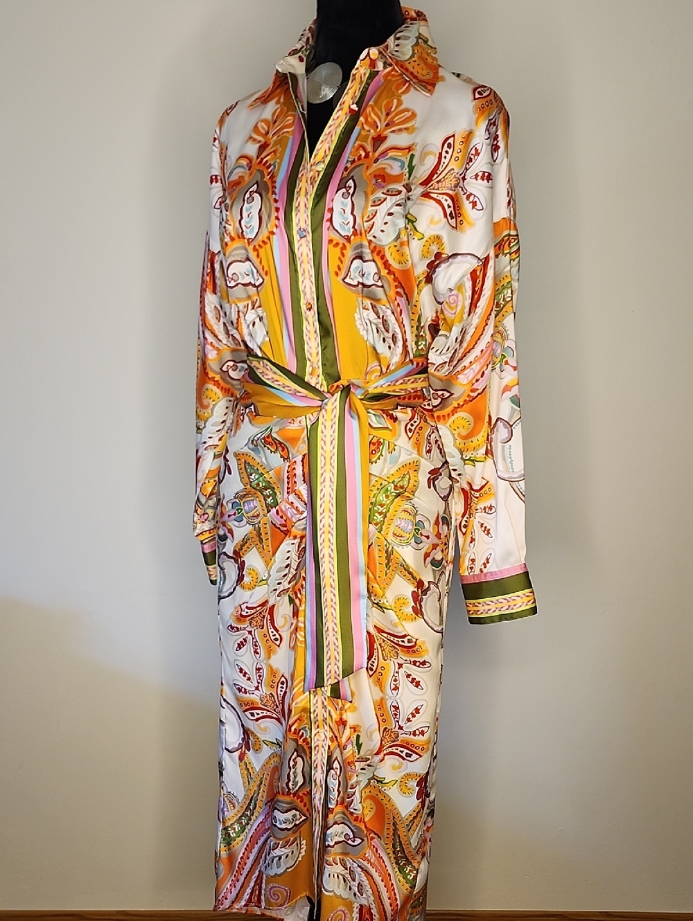 Antonio Melani Roxanne Paisley Midi Shirt Dress Ruching Tie Waist Sz 2
